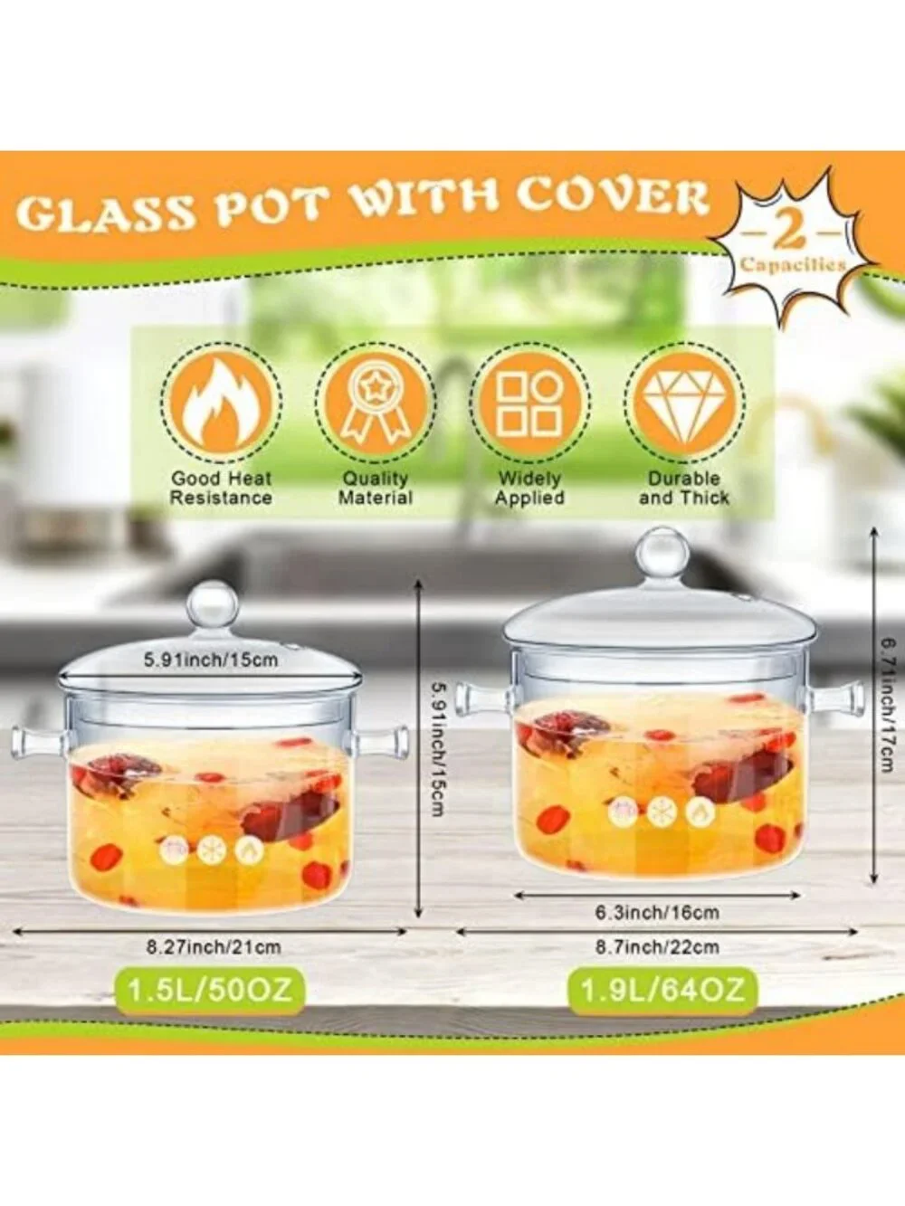 2-Piece Heat-Resistant Glass Cooking Pots Set with Lids for Soup & Sauces